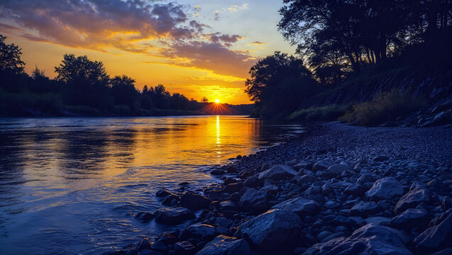 River sunset calm water orange yellow sky reflection rocky shoreline trees bushes serene peaceful landscape generative AI