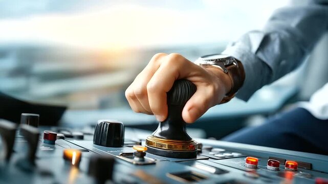 A pilot&rsquo;s hand on control lever, macro buttons and light reflections, blured background, with copy space, precision and responsibility