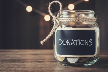 Glass jar with a chalkboard label marked DONATIONS, tied with rustic twine, sitting on a wooden table filled with coins against a dark blurred background with bokeh lights