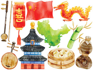Watercolor China Clip Art Set Culture Travel Elements Flag Dragon Lantern Pagoda Erhu Ruan Map Dumpling Soy Sauce Illustration Landmark Symbol Asia Beijing
