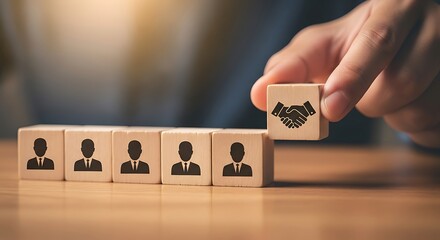 Hand placing a handshake icon block to complete a row of people icons