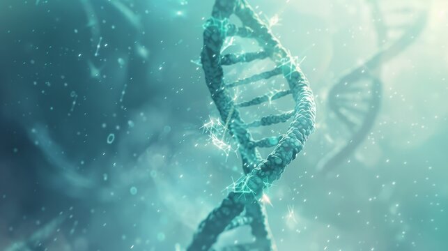Futuristic glowing blue DNA helix structure on abstract background