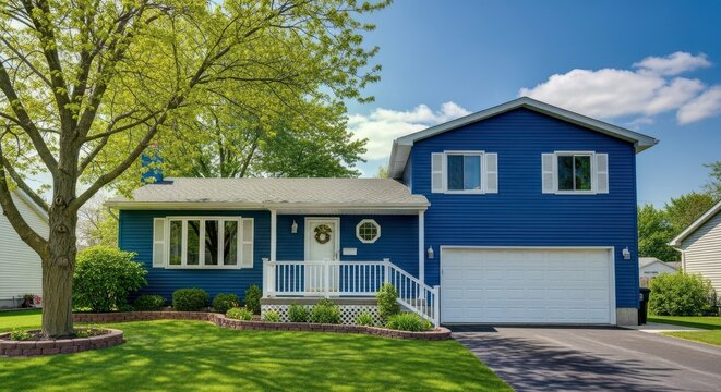 Blue split level home with green lawn and tree on sunny day