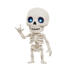 Cartoon skeleton with glowing blue eyes making a rock on gesture, halloween related concept