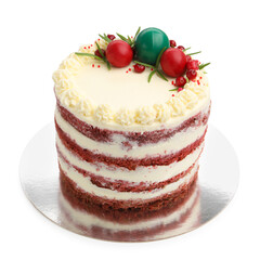 Delicious sponge cake with Christmas decor and red currants isolated on white