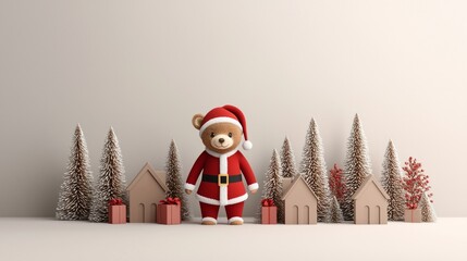 Cute teddy bear in santa costume with miniature village and gifts for christmas