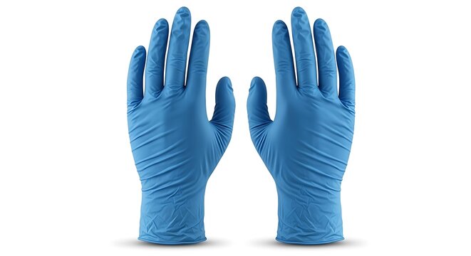 Pair of blue disposable nitrile gloves with fingers spread open on a white background blue gloves