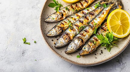 Grilled sardines with lemon and parsley on plate