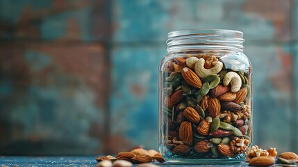 Jar of mixed nuts and seeds on blue surface with textured background