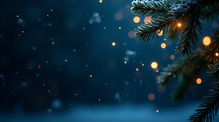 Close up of snowy pine branch with bokeh lights in winter night