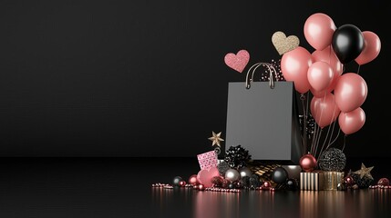 Luxury gift bag with balloons and hearts on black background