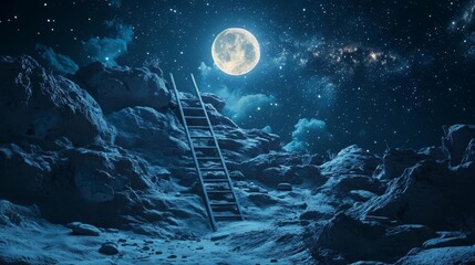 Ladder to the moon and stars in rocky lunar landscape night