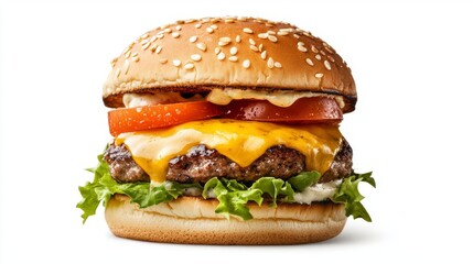 Juicy cheeseburger with lettuce, tomato, and melted cheddar cheese on a sesame seed bun.