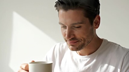Man drinks coffee indoors enjoying morning sunlight and relaxation