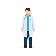 Flat vector illustration of a doctor with stethoscope and clipboard in hospital uniform