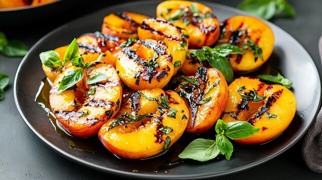 Grilled peaches with basil and honey served on a dark plate, close up shot