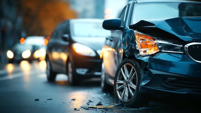 A car crash scene on a city street hyper realistic damaged vehicles with vivid textures moody shadows on the pavement bright saturation in warning signs car accident vehicle