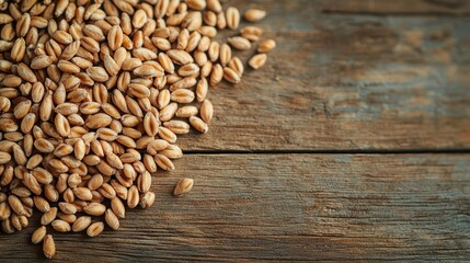 Pile of wheat grains on rustic wooden background