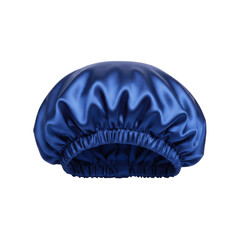 Close up studio shot of a blue satin bonnet for hair protection at night, on a clean backdrop