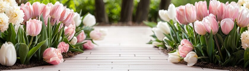 Pink and white tulips and hyacinths line a walkway during springtime