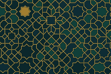 Intricate islamic geometric pattern with gold lines on a dark green background