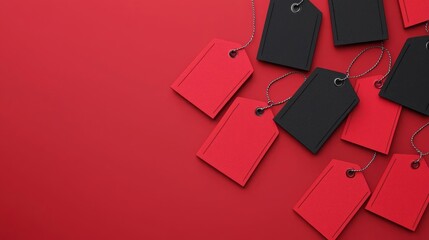 Red and black price tags scattered on a vibrant red background