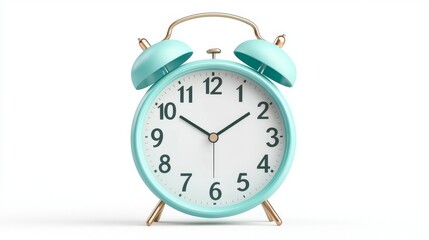 Retro alarm clock, teal color, on white background, studio shot