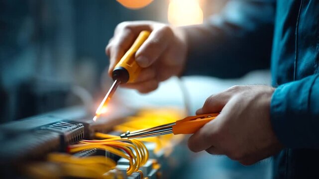 An electrician checks electrical equipment for repairs hyper realistic wiring details with clear textures moody shadows on the panel bright saturation in tools electrician