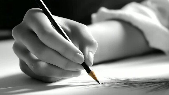 A painter&rsquo;s hand drawing first sketch lines, macro graphite detail, blured background, with copy space, inspiration spark