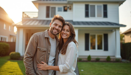 Happy young couple embraces in front of new white modern house. Smile warmly, homeownership, family growth, bright future together in suburban setting. Photo conveys achievement, joy.