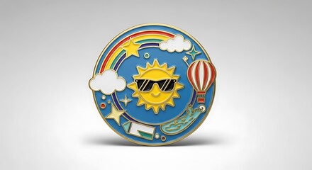Round enamel pin badge featuring a smiling sun wearing sunglasses, a rainbow, clouds, stars, and a hot air balloon