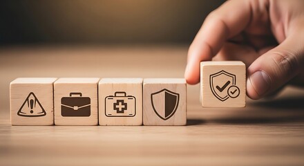 Hand placing a wooden block with shield and checkmark icon, representing security
