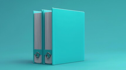 Two turquoise binders with metal rings stand on a turquoise background