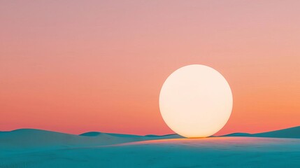 Vast desert landscape with glowing orb at sunset
