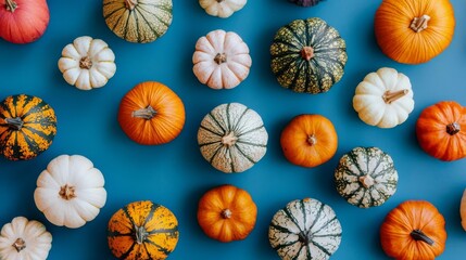 Variety of pumpkins and gourds arranged on a blue background, flat lay composition