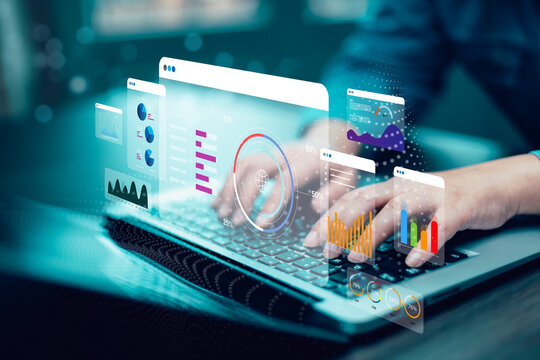 Business analyst working with digital dashboard showing graphs, charts, and big data visualization, representing modern analytics and business intelligence technology.