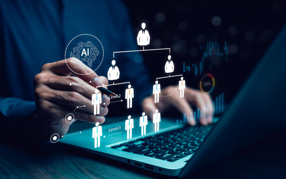 AI-powered human resource management system with holographic team hierarchy and performance analytics. Concept of workforce data analysis and digital HR technology.