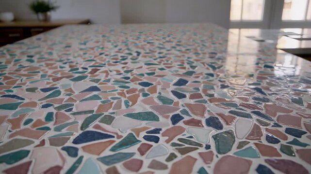 Colorful terrazzo surface kitchen countertop detail modern interior design pattern texture decorative stone material concept for home decor real time