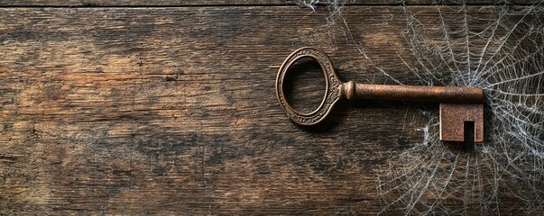 Vintage ornate key with cobwebs on rustic wooden background