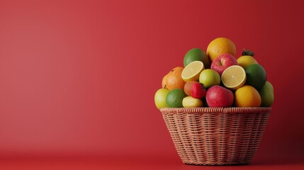 Wicker basket overflowing with assorted fresh fruits on red background