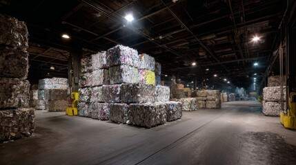 Stacks of compressed paper bales at a recycling plant, ready to be transformed into new products, showcasing industrial recycling