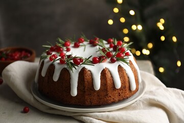Tasty Christmas cake with icing, cranberries and rosemary on light table against blurred lights, closeup