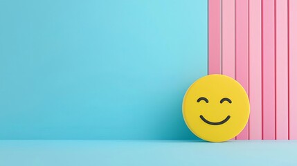 Yellow smiley face on a pastel blue background with pink striped wall