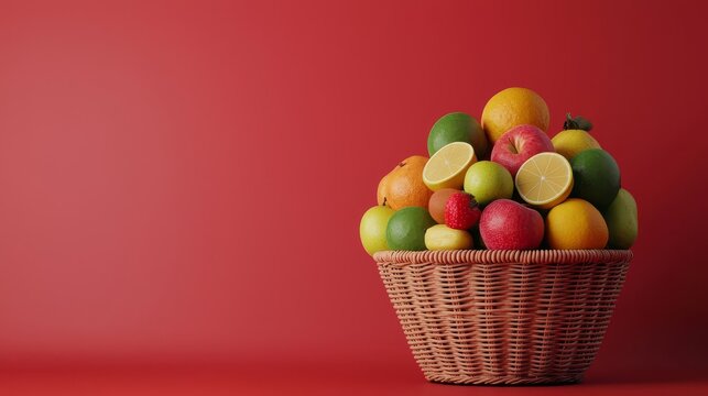 Wicker basket overflowing with assorted fresh fruits on red background