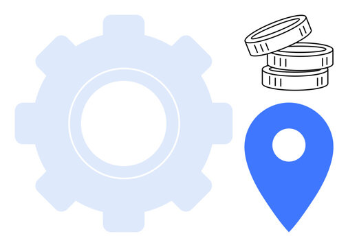 Gear icon, stacked coins, and location pin convey mechanics, financial resources, and navigation. Ideal for business strategy, logistics, finance operations navigation progress teamwork. Simple