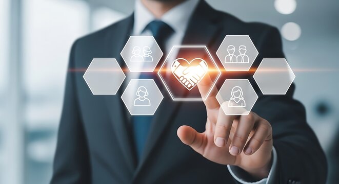 Businessman touching a digital interface with handshake icon - Powered by Adobe