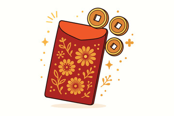 Traditional chinese red envelope with floral pattern and lucky coins for lunar new year celebration