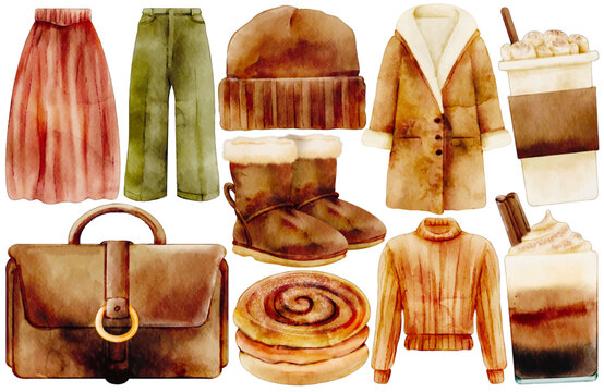 Watercolor Autumn Cozy Clip Art Set Fashion Clothes Coat Sweater Ugg Boots Beanie Hat Satchel Bag Cinnamon Roll Coffee Latte Drink Illustration Hygge Fall Winter Apparel