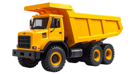 A realistic PNG of a yellow dump truck toy with detailed wheels and cargo bed. Ideal for kids’ illustrations, construction themes, toy store ads, and learning materials.