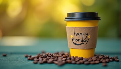 Yellow coffee cup with happy monday message sits on table with coffee beans scattered. Outdoors blurred background, warm light. Great for morning routines, cafe promos, or motivational content.